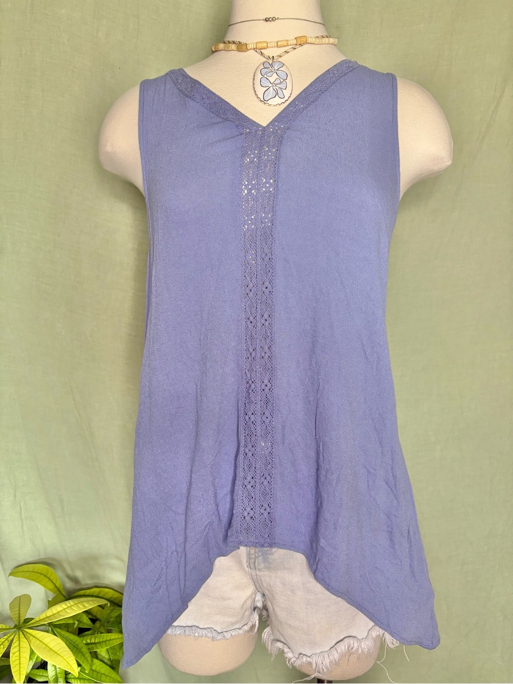 Pale Blue Crochet-Trim Asymmetrical Hem Tank Top